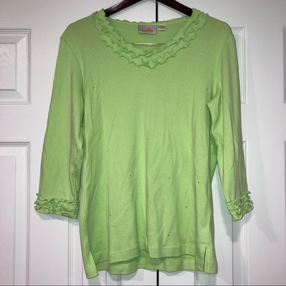 NWT Quacker Factory Lime Green Ruffle Long Sleeve Rhinestone Accent Shirt Small